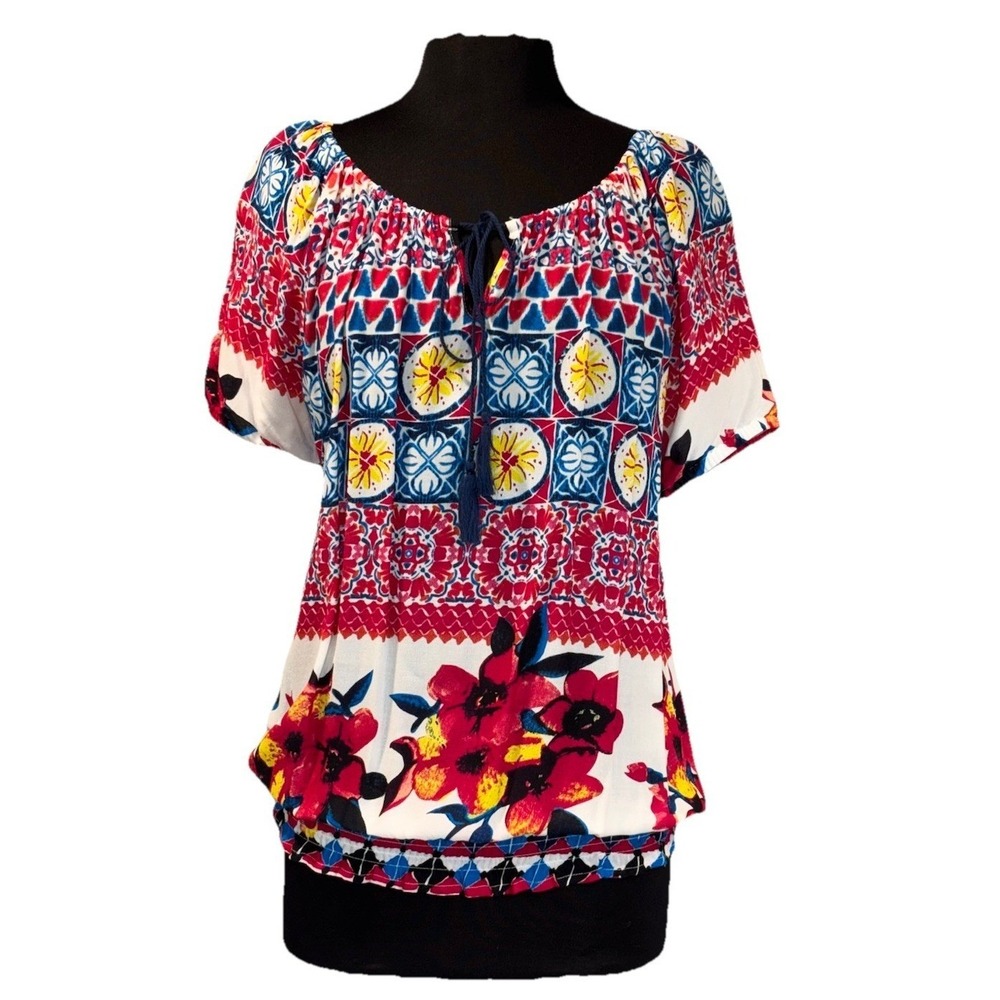 Yest Floral Tropical Blouse Women's Size 6‎ Red White Tassel Vacation Party